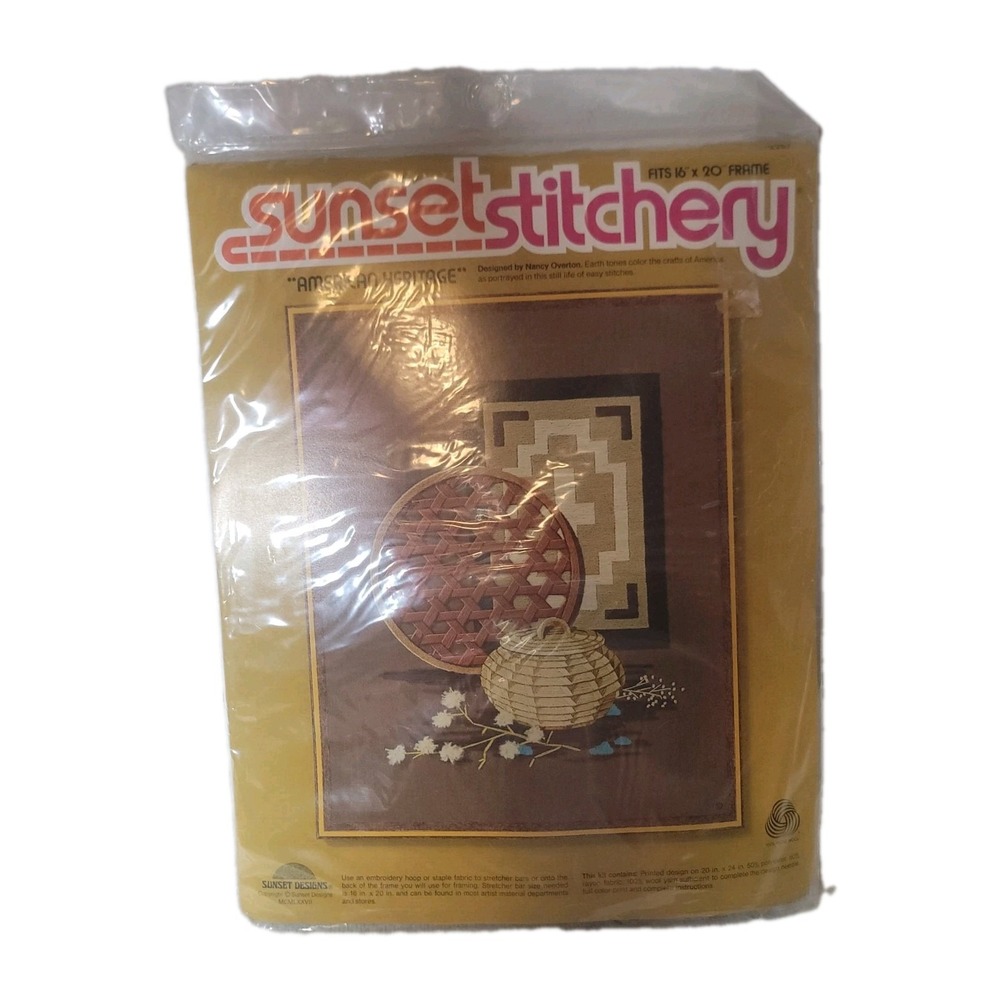 Vintage 1977 Sunset Stitchery Crewel Kit American Heritage Southwestern Baskets